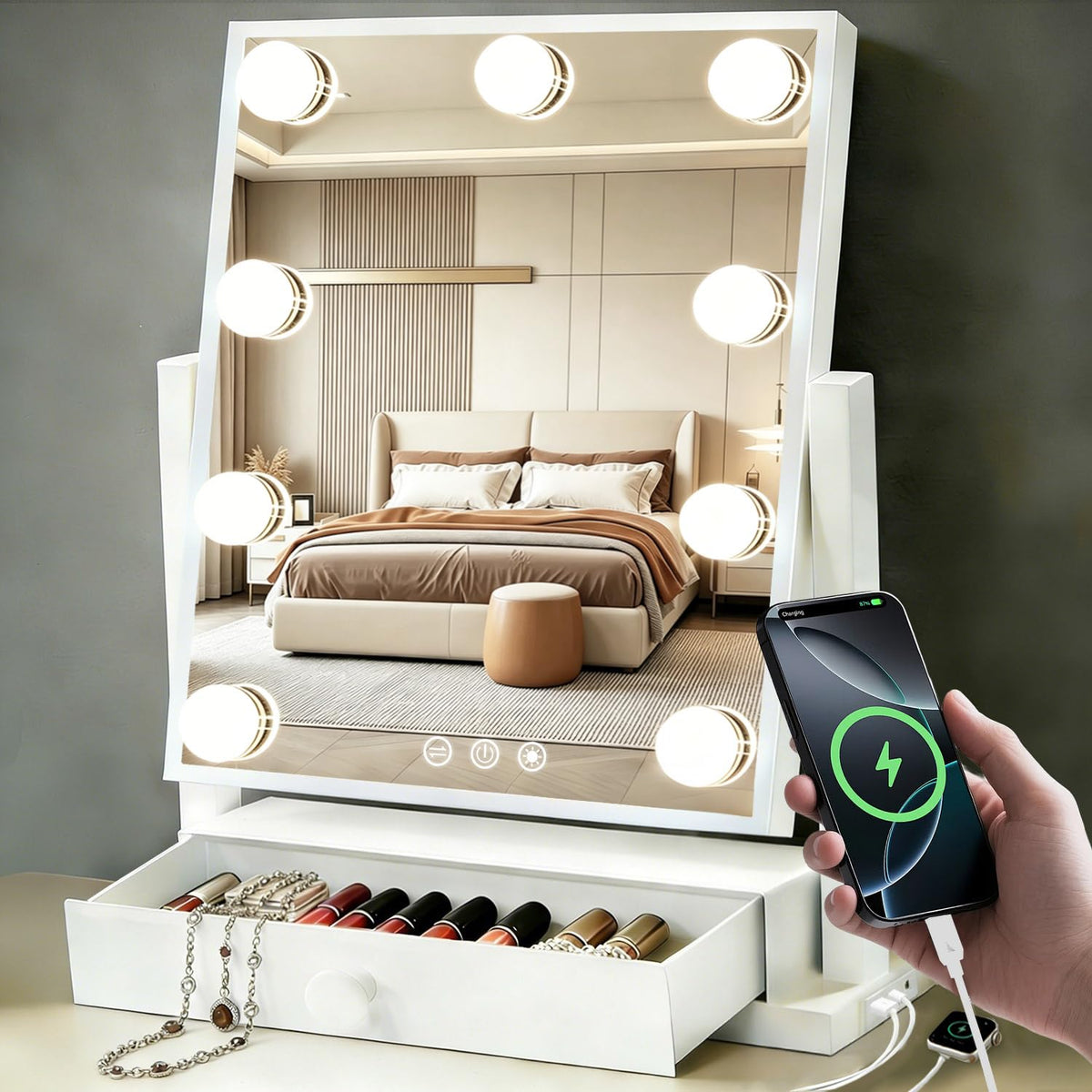 Makeup Mirror with Lights with Drawer Storage Type C and USB - COLMERD Official Imagery - 1