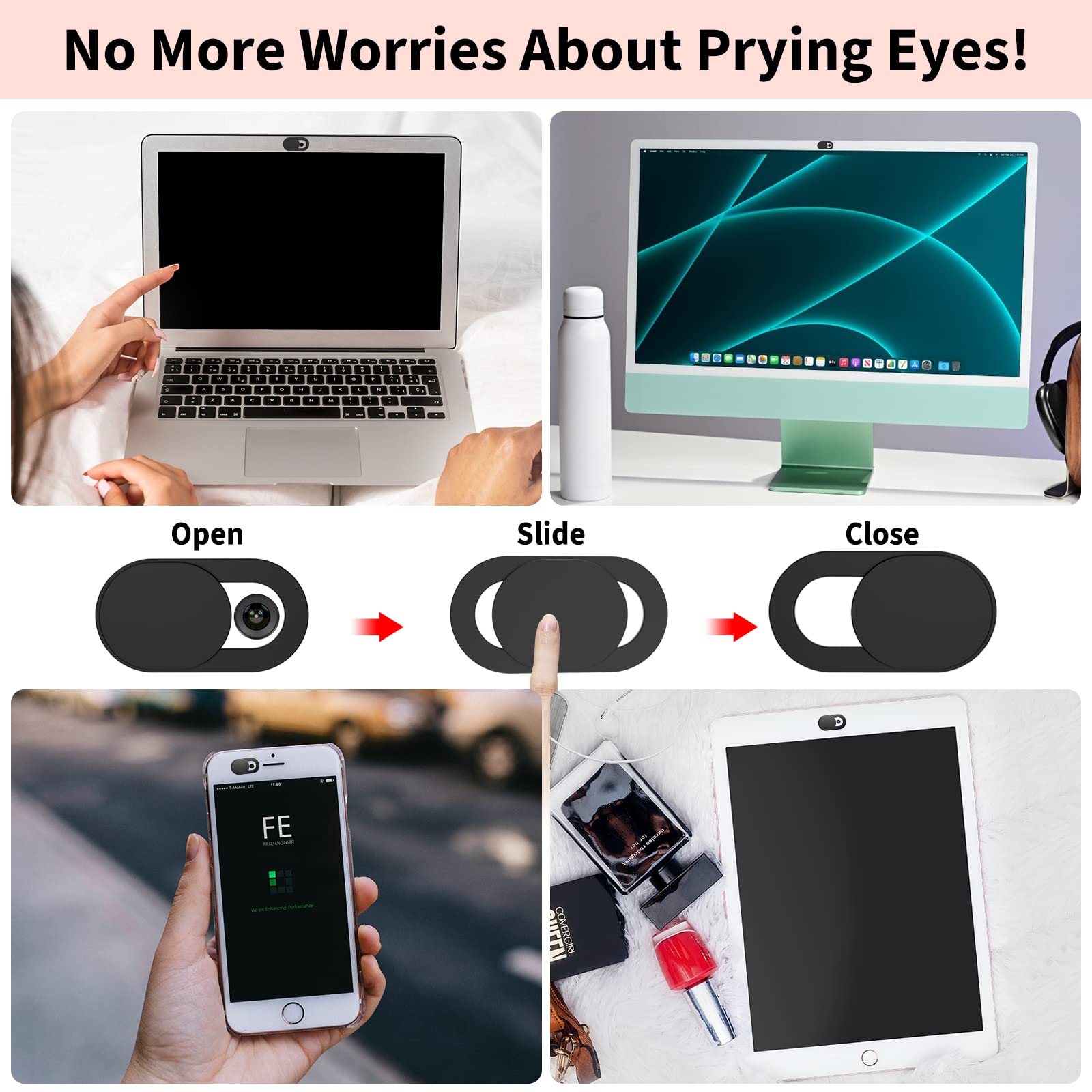 Yilador webcam cover slide for laptops, iPhone, iPad, MacBook, and PC, ultra-thin black privacy camera blocker in 3-pack.