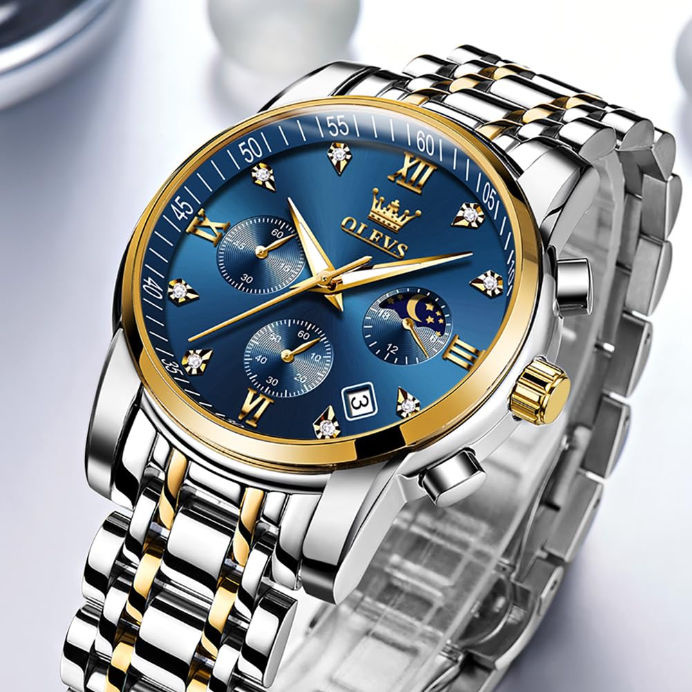 OLEVS Men's Luxury Dress Watch Blue Gold Silver Waterproof