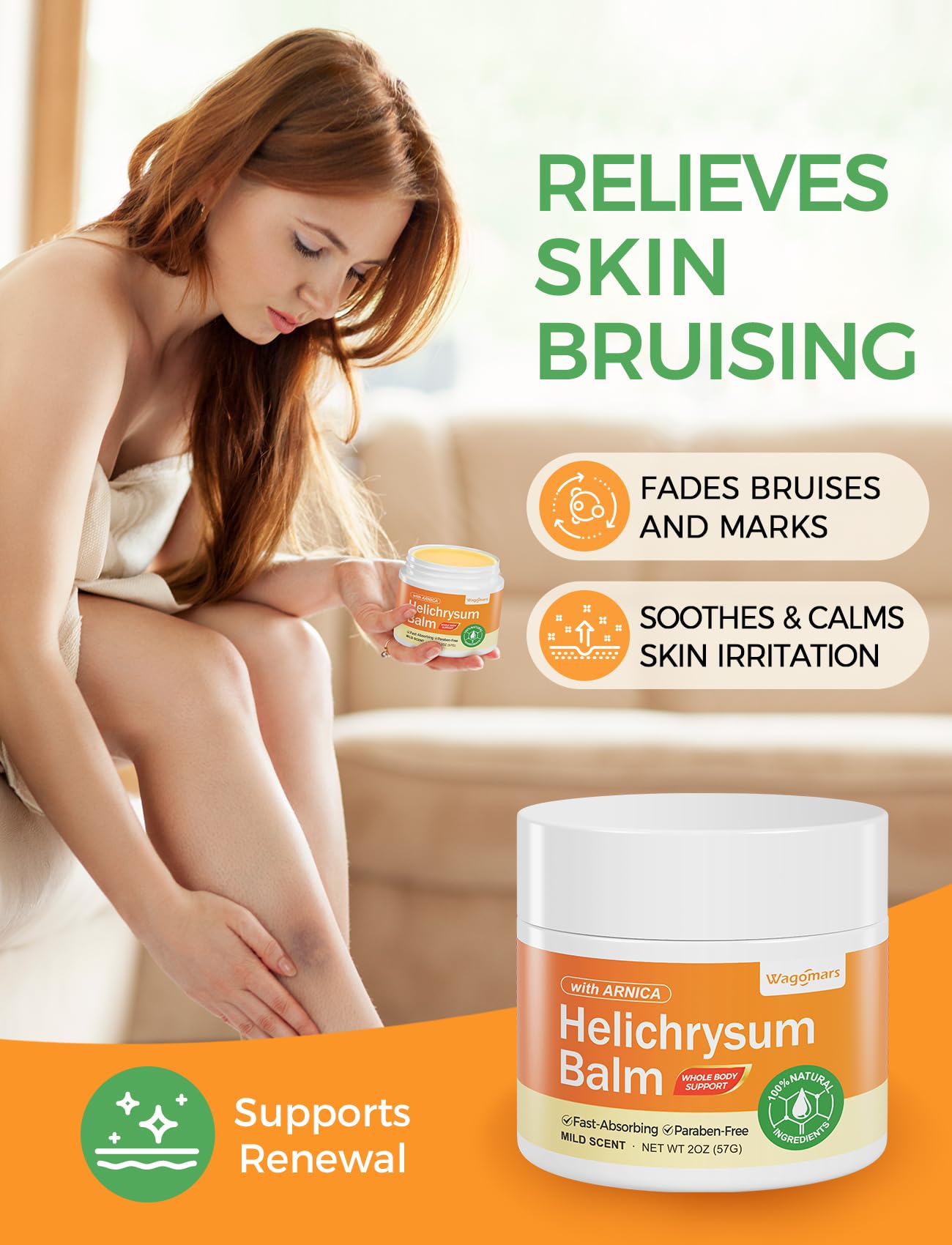 Wagomars Helichrysum Balm for natural skin repair and renewal, shown in a jar with fresh herbal ingredients.