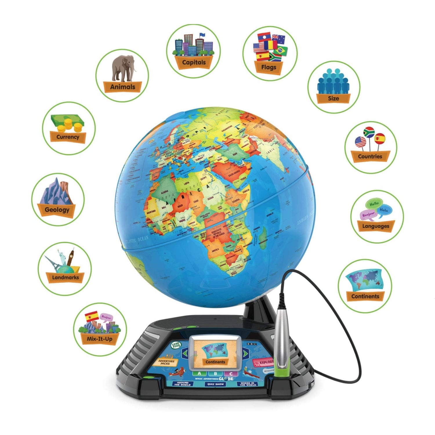 LeapFrog Magic Adventures Globe in frustration-free packaging, showing colorful educational globe with interactive features and bright illustrations.