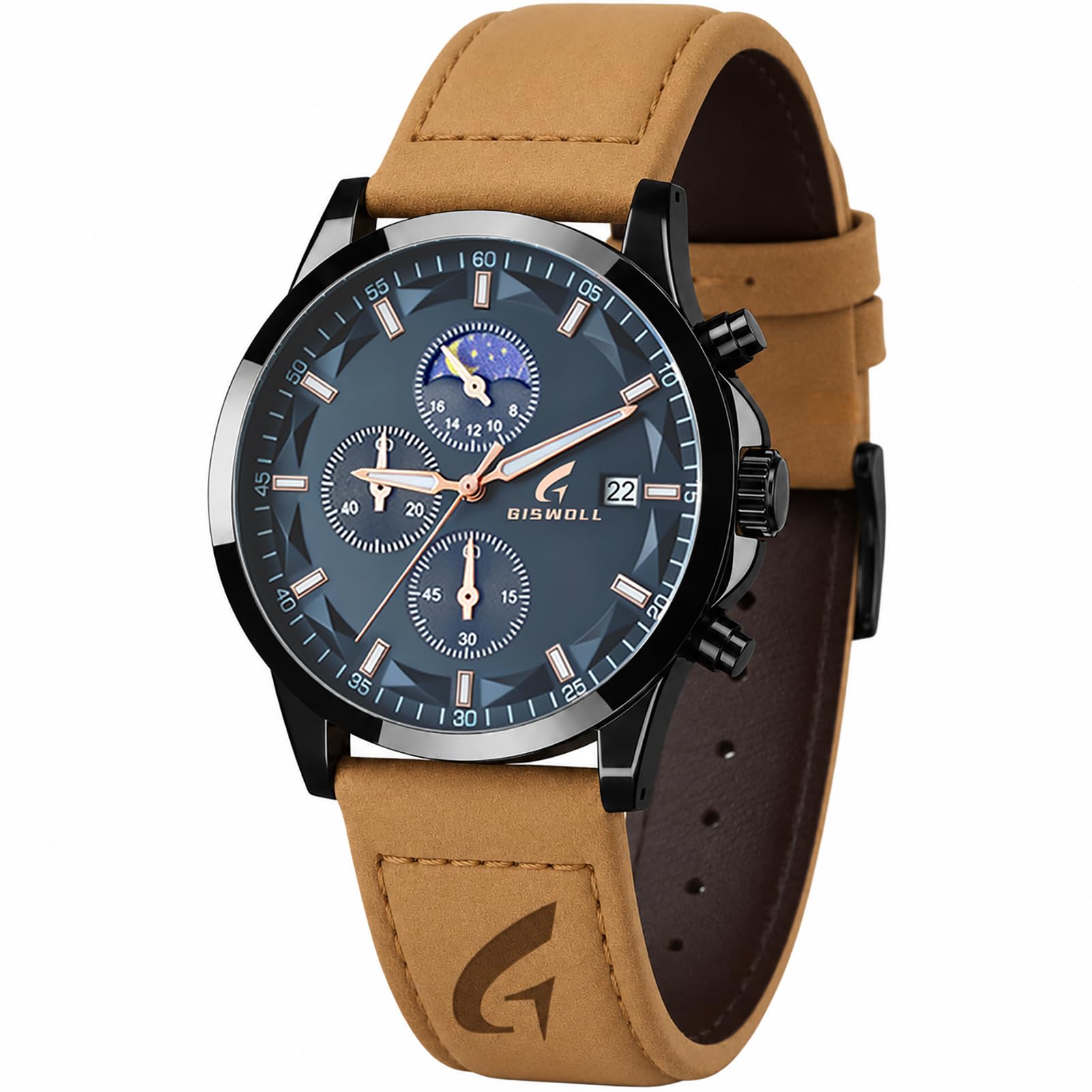GISWOLL Men's Chronograph Watch Day-Night Subdial Leather