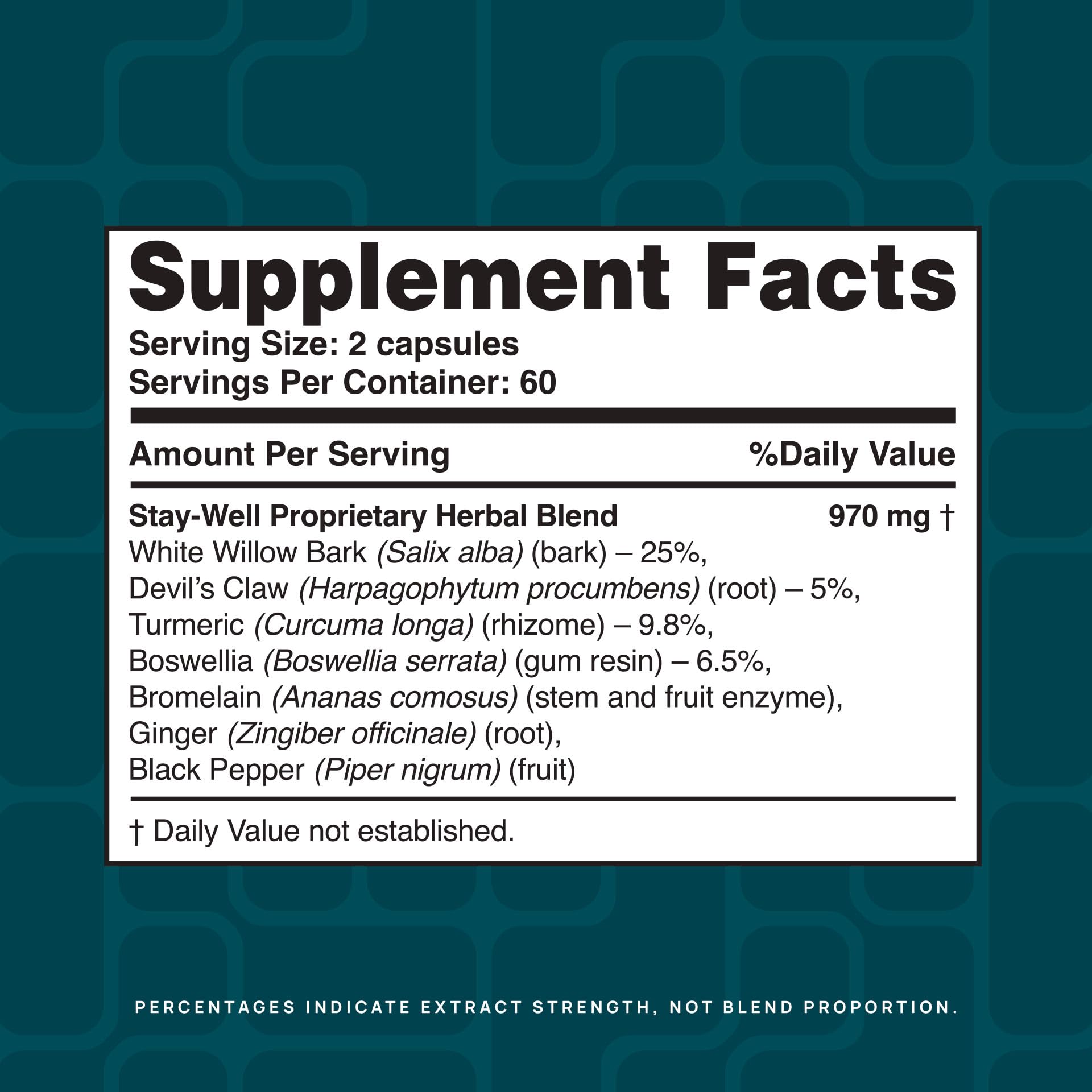 Stay-Well Naturals Pain Relief- White Willow Bark Extract, Devil's Claw, Turmeric, Boswellia, Bromelain and Ginger Premium Extract Blend- 120ct