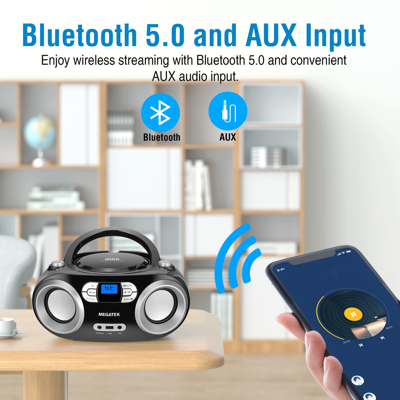 MEGATEK Portable CD Player Boombox Bluetooth FM Radio