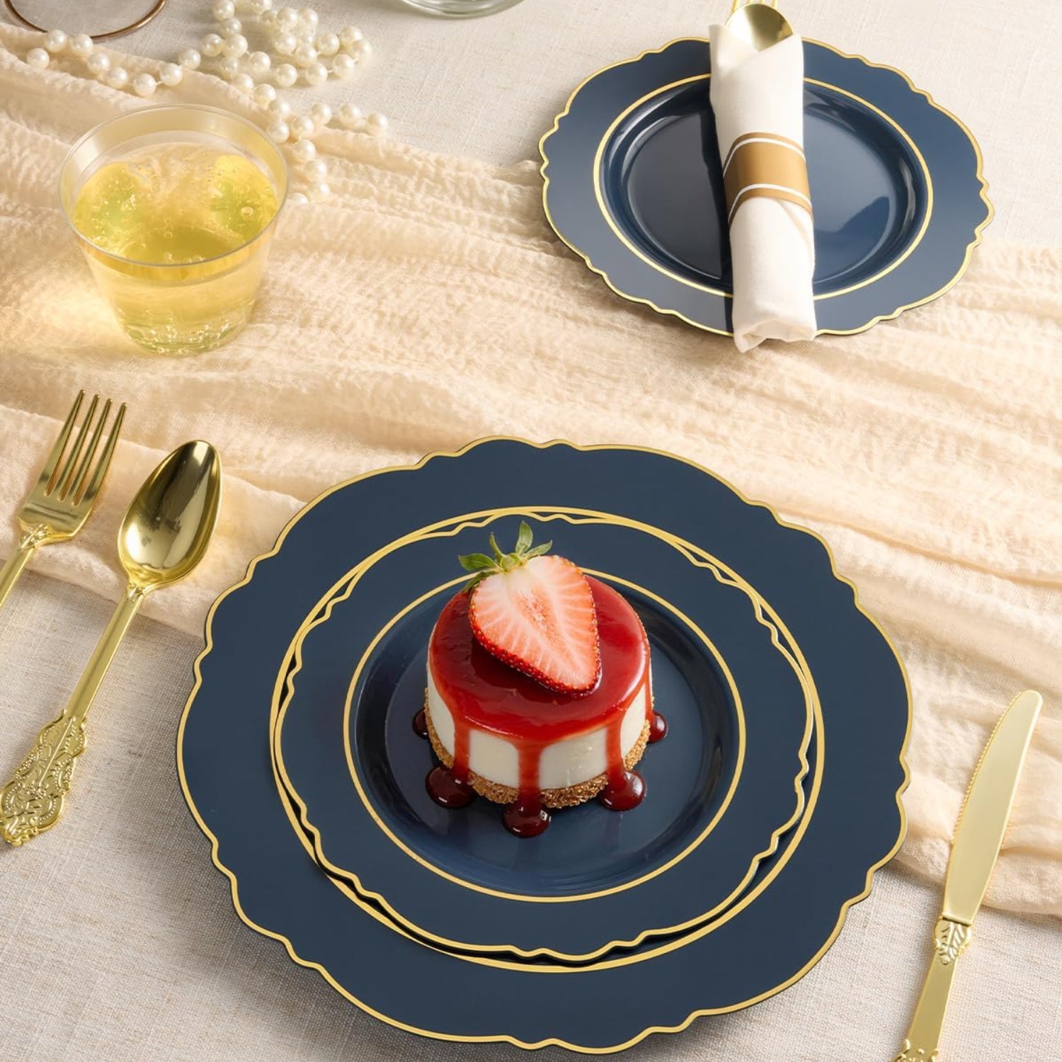 realluck navy blue plastic dinnerware set with 350 pieces for 50 guests, including plates, bowls, and utensils for elegant dining