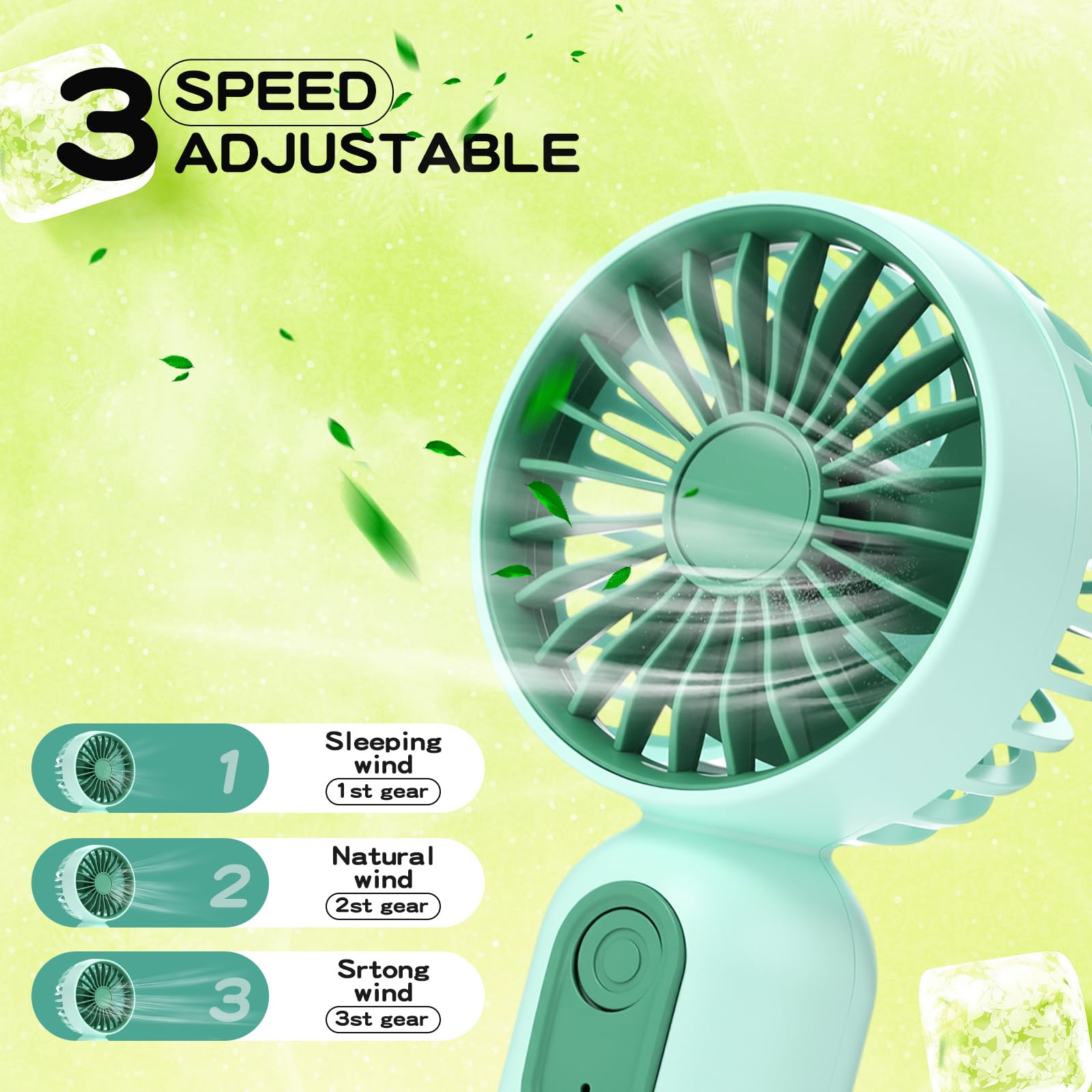 Rossesay 1 Pcs Mini Portable Fan 3 Speed Rechargeable, Green - View 4