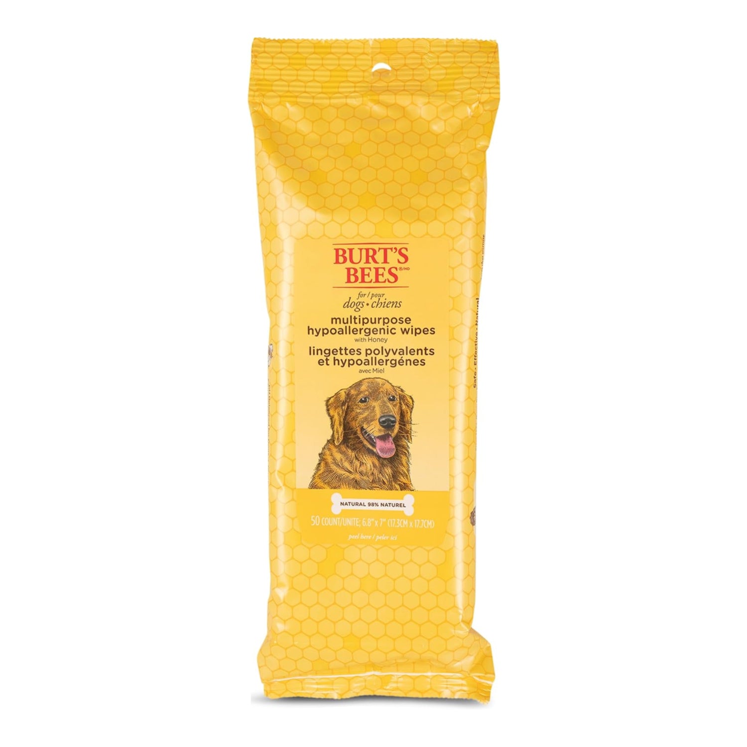 Burt's Bees for Pets Honey Multipurpose Dog Grooming Wipes in a resealable pack, gentle and hypoallergenic for pets.