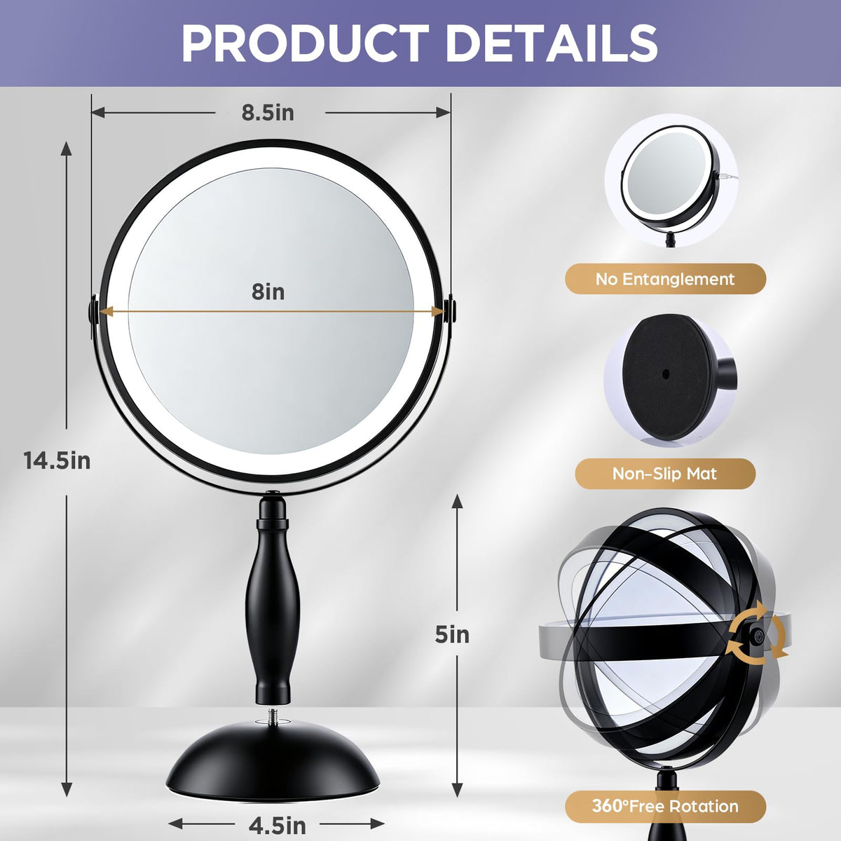 30X Magnifying Mirror with Lights Matte Black 8 Dual Sided - DASLAVA Official Imagery - 3