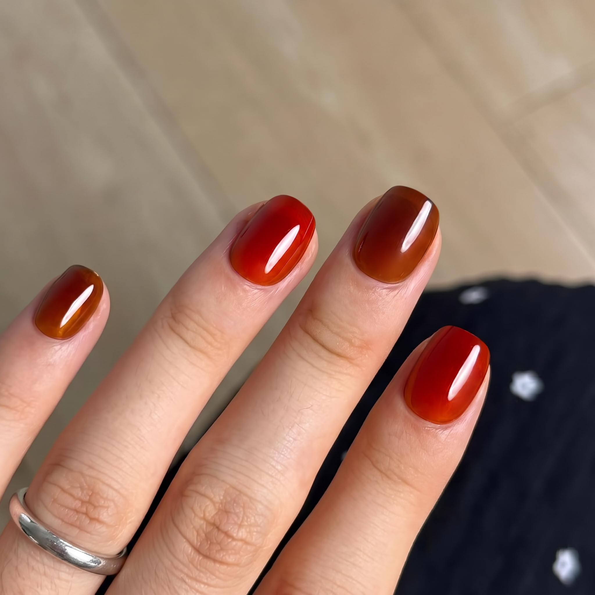 CurvLife Jelly Glaze extra short square press-on false nails in persimmon brown red, showcasing glossy, smooth finish and natural shape.