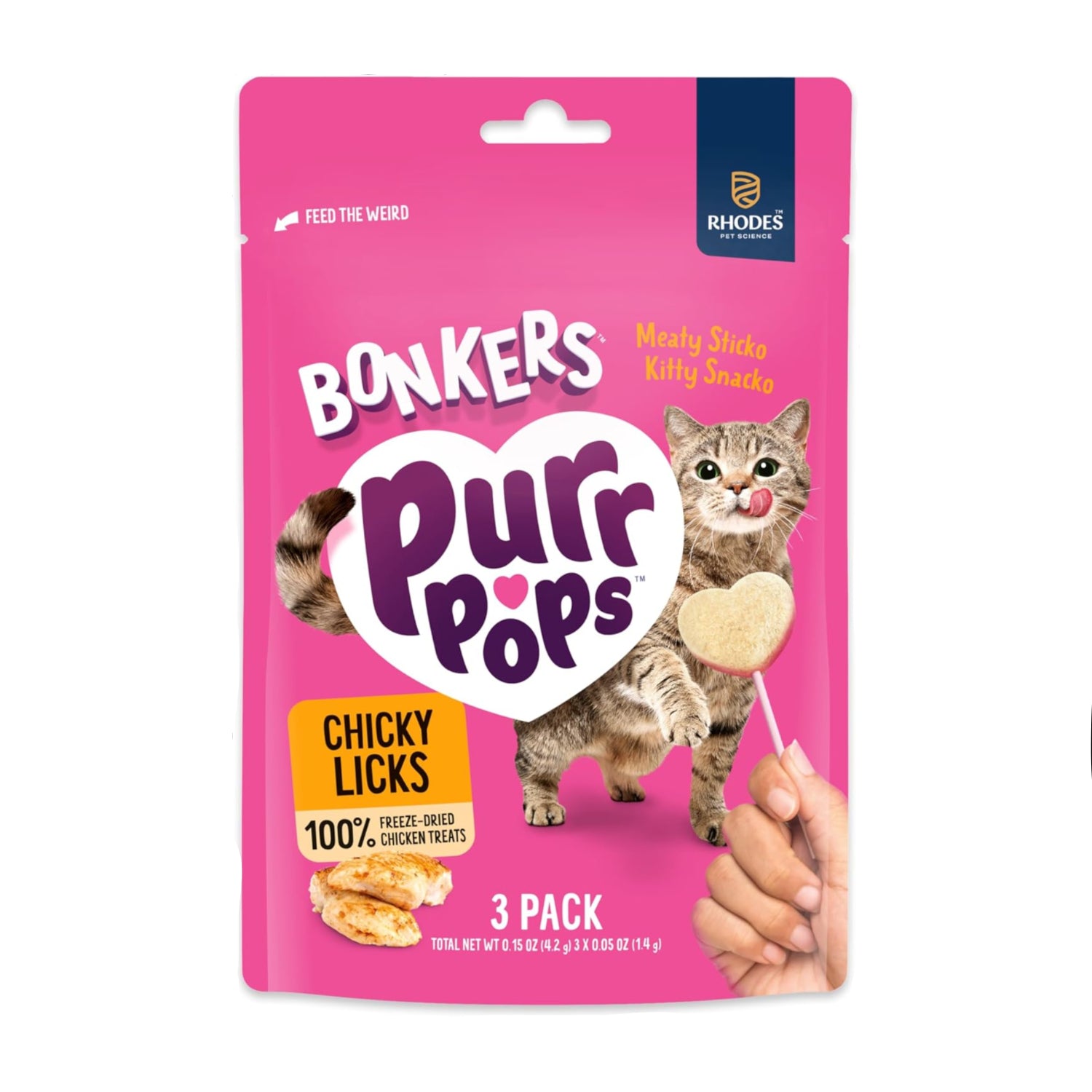 Bonkers Purrpops freeze-dried chicken-flavored lollipop treats for cats, 15-pack, with colorful packaging and treats visible.