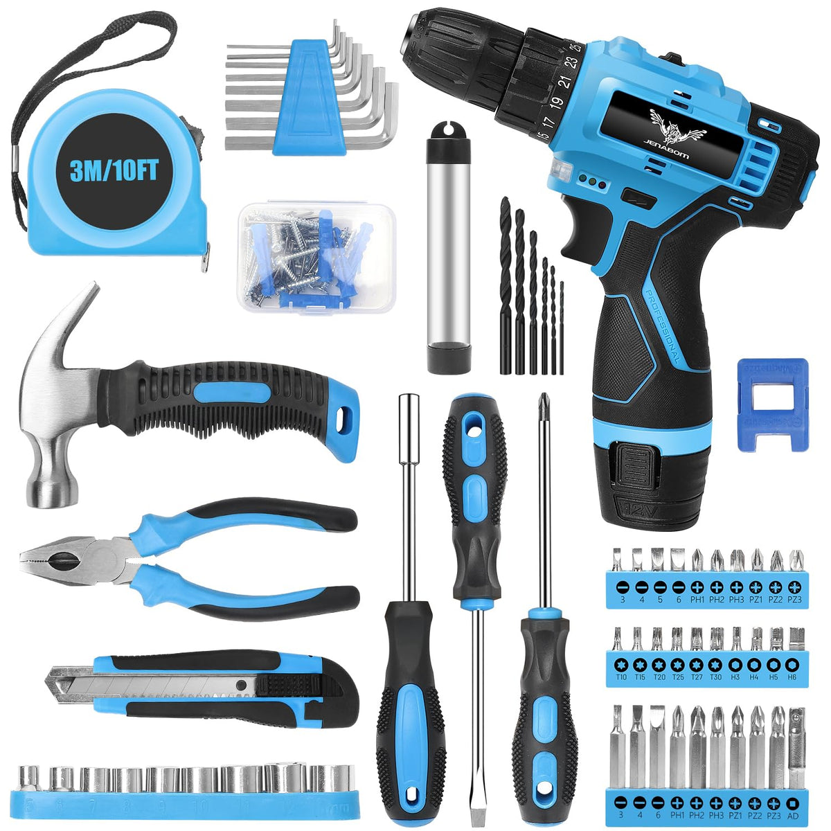 Tool Set 146 Piece Home Tool Kit with 12V Blue Cordless - JENABOM Official Imagery - 4