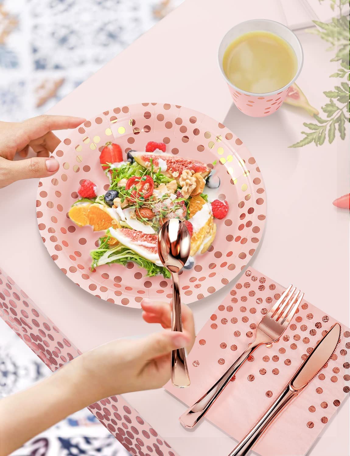 Nkaiso 141Pcs Pink Rose Gold Paper Plates and Napkins Party - Nkaiso Official Imagery - 6
