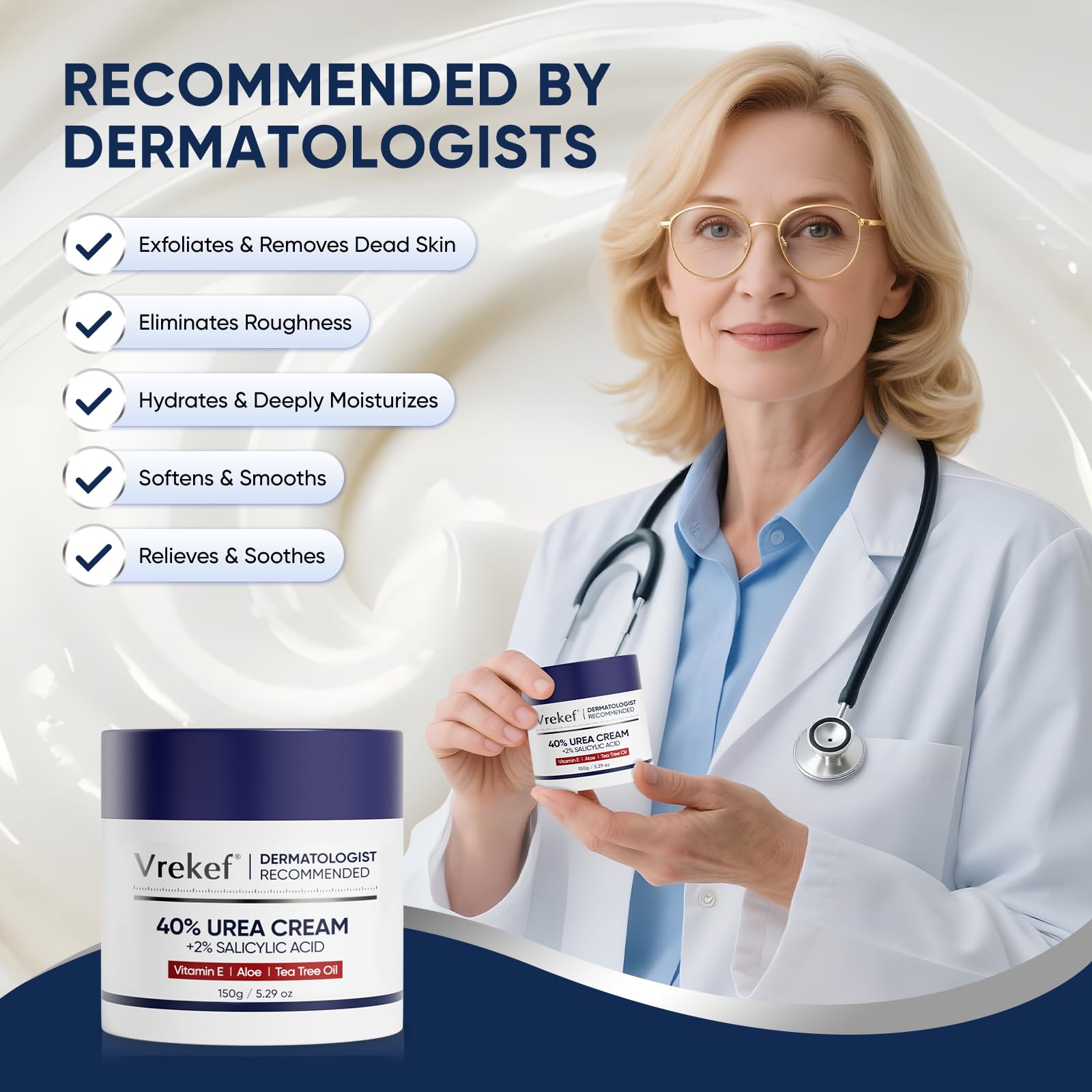 VREKEF 60% Urea Cream with Salicylic Acid for dry heel repair, 5oz skin moisturizer in a white jar with a blue label.