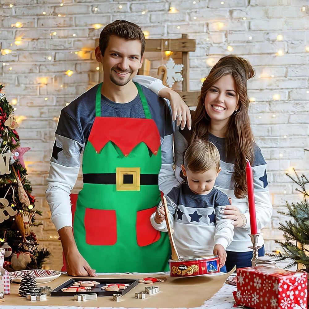 Red and green elf apron for teens and adults, premium fabric, standard size, featuring festive holiday design by Amscan.