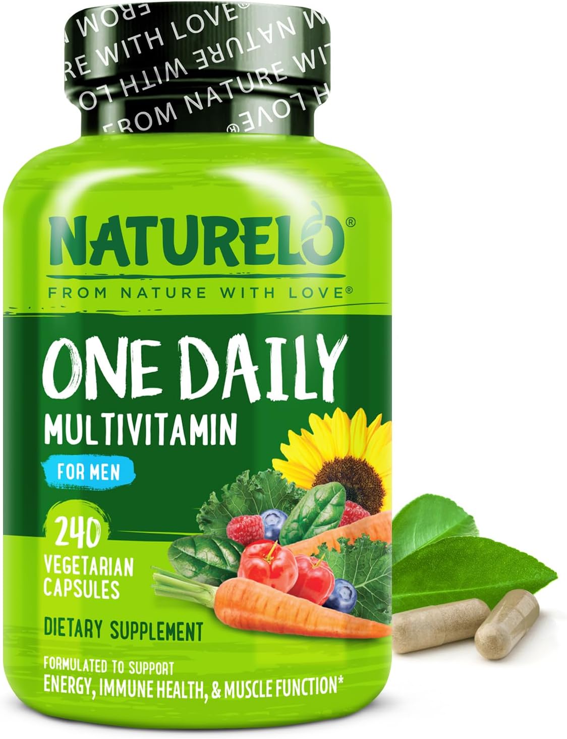 NATURELO men's multivitamins bottle with label showing daily multivitamin for men and health supplement benefits.