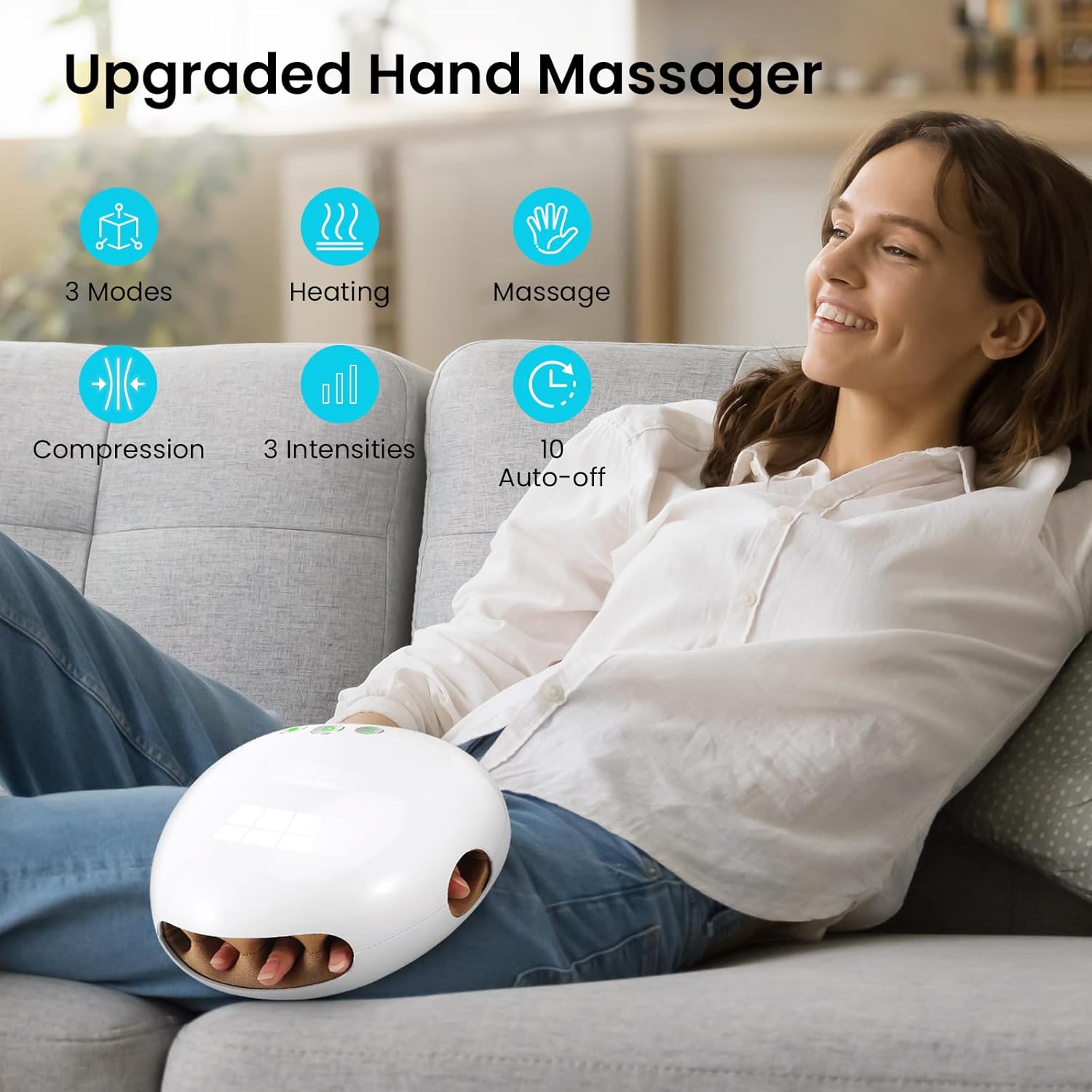 NOWWISH Hand Massager with heat and compression therapy for arthritis pain relief, showing the device on a person's hand.