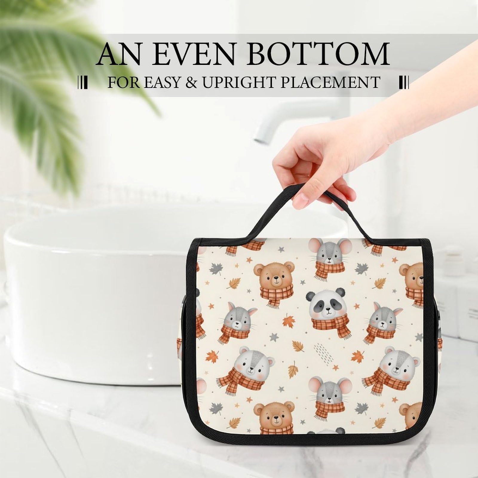 LSBJBBHDCB cute cartoon panda makeup bag with scarf, hanging toiletry organizer, sturdy hook, ideal for travel and cosmetics storage