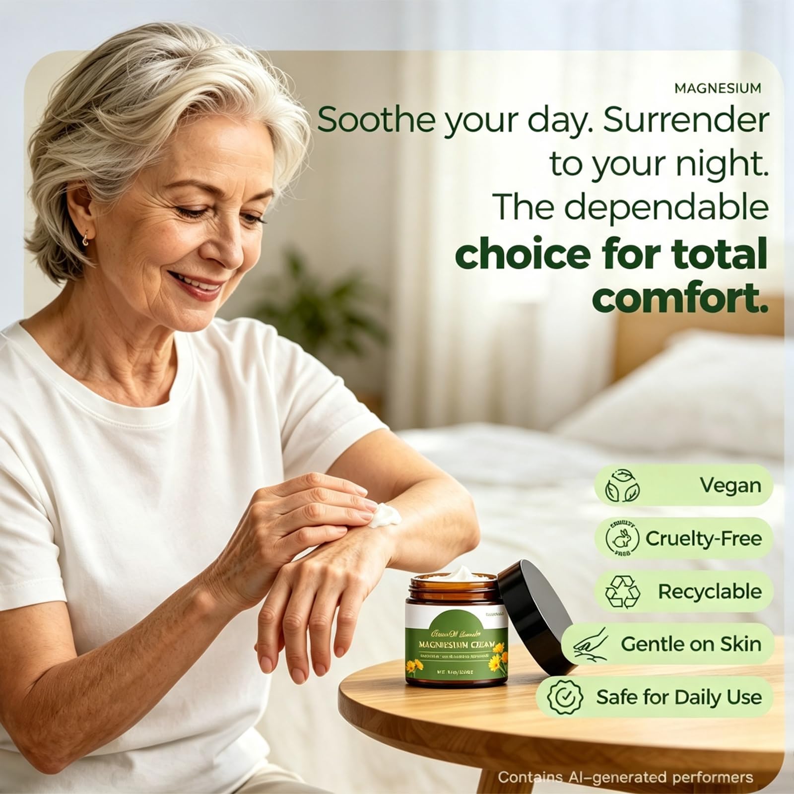 CleJoy Magnesium Cream with MSM and Arnica, a skin moisturizer in a 4.23oz jar with a white lid and creamy texture.