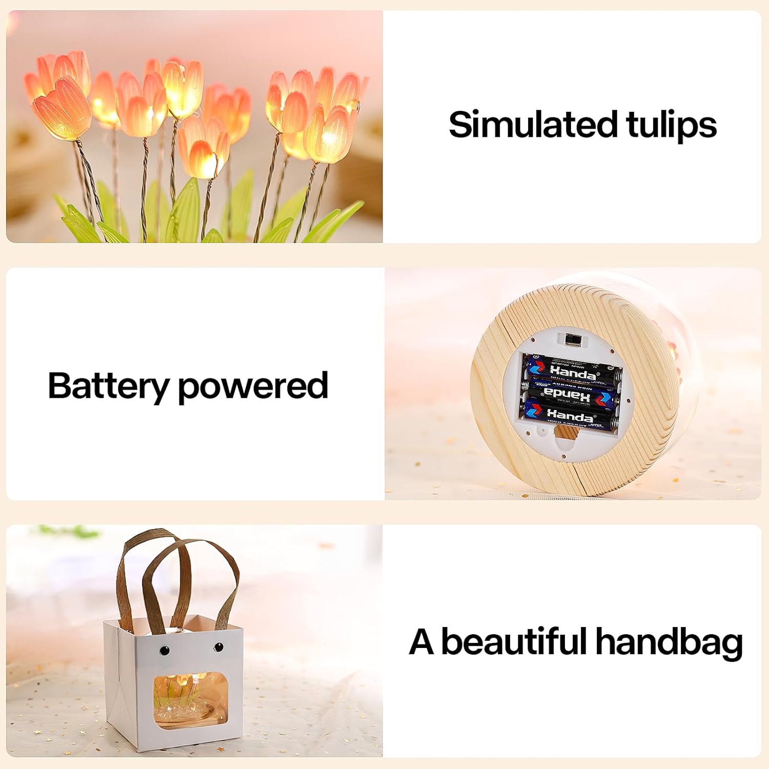 ONXE tulips night light featuring a cute flower lamp inside a glass dome, ideal for romantic home or room decor.