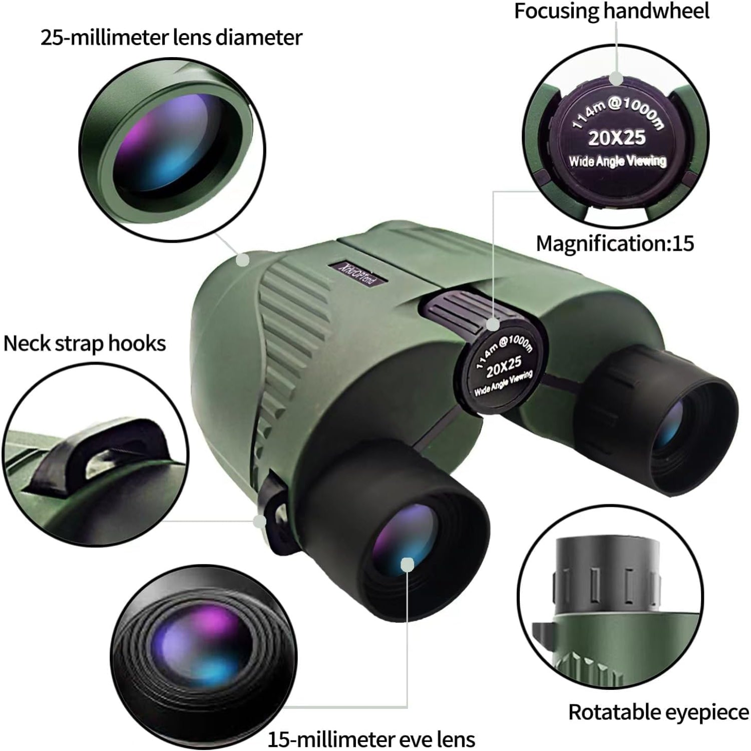XrKrOPTend 20x25 compact binoculars with strap, lightweight, clear vision for kids and adults, mini travel-friendly design