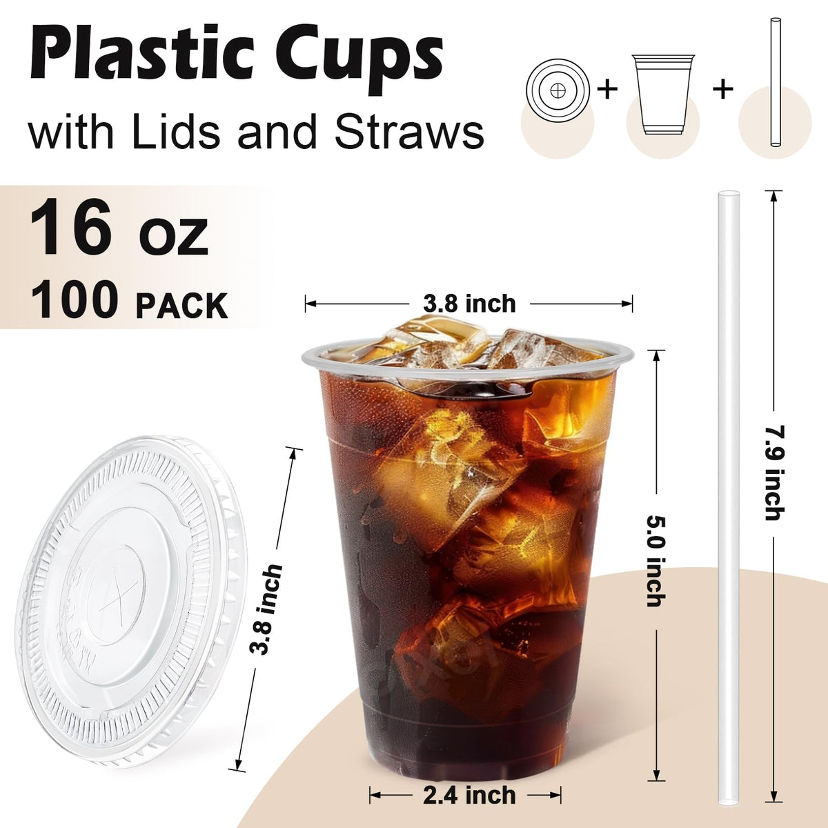 Lamosi 100 Pack 16 oz Clear Plastic Cups with Lids and - Lamosi Official Imagery - 3