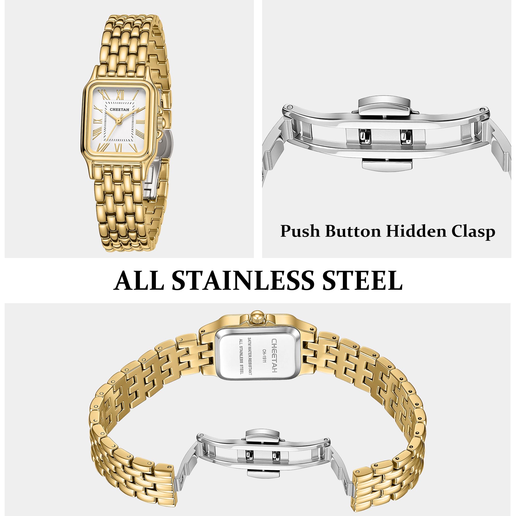 CHEETAH Gold Watches for Women with Vintage Rectangular Case,26mm Case Diameter,Gold Roman Numerals,Metal Steel Band,3ATM Waterproof