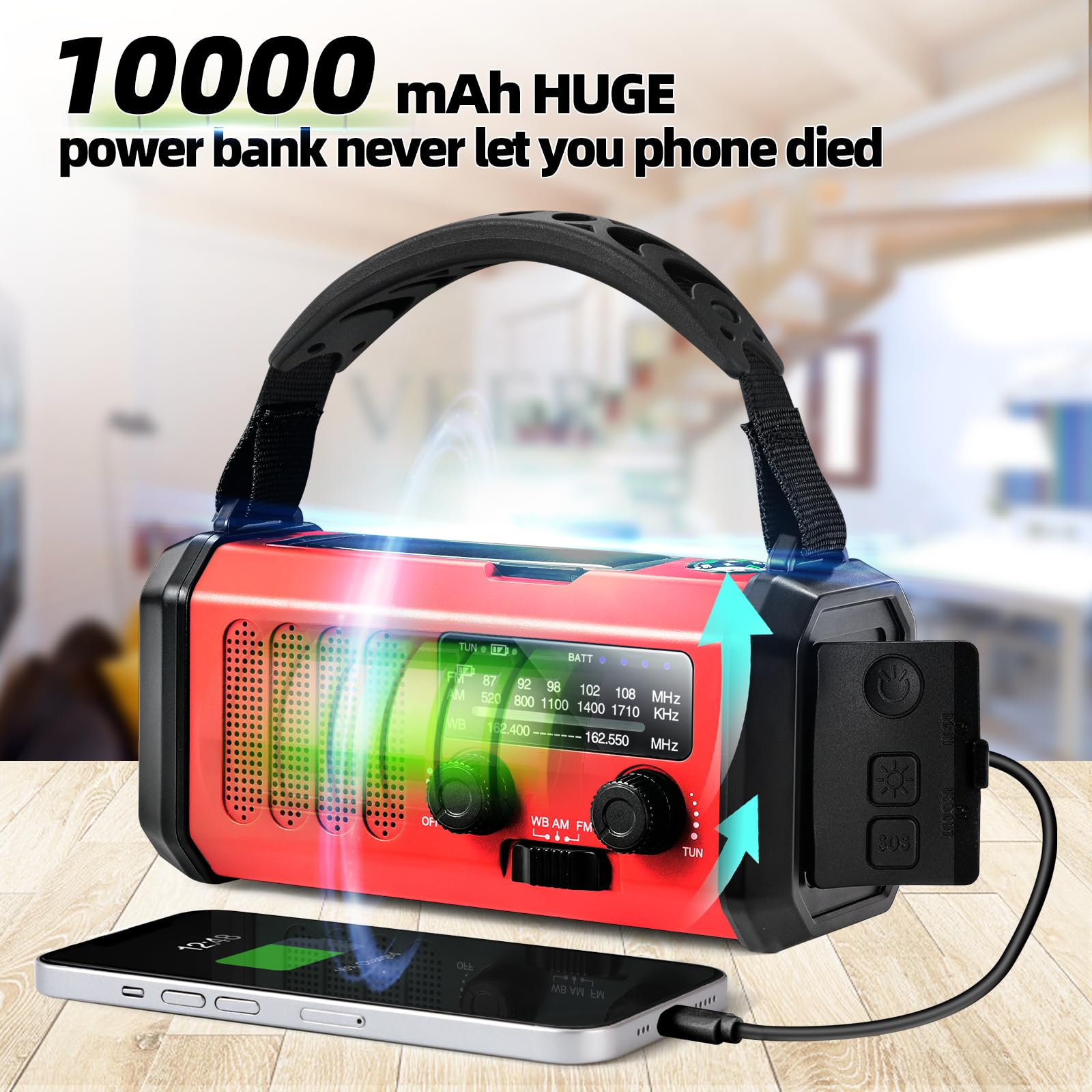 QAUYYW Hand Crank Emergency Radio, 10000mAh NOAA Weather Radio So by QAUYYW - Angle View 4