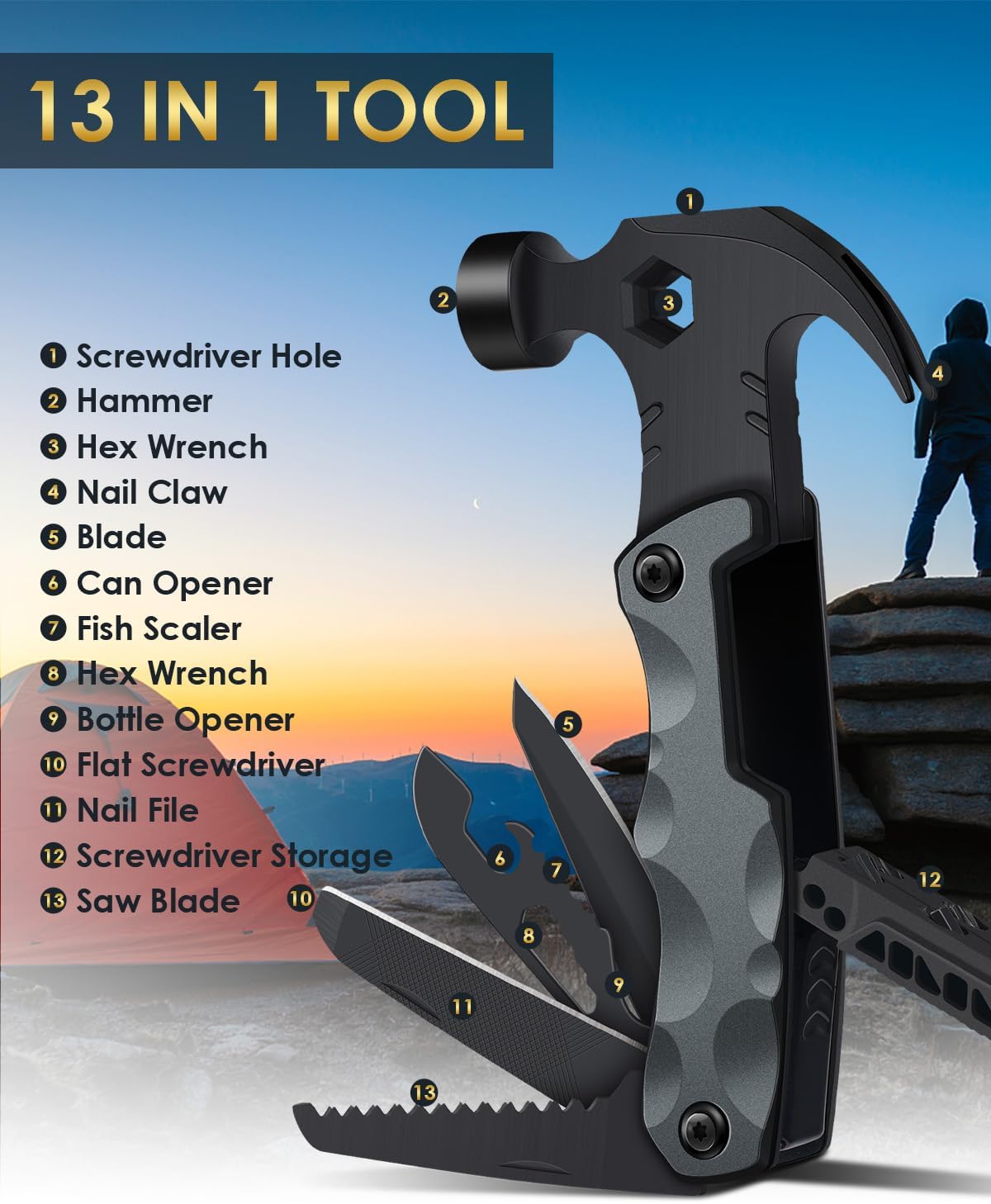 DR.LILIANG 13-in-1 hammer multitool with camping and survival tools, ideal for Father's Day gifts for dad, husband, or grandpa.