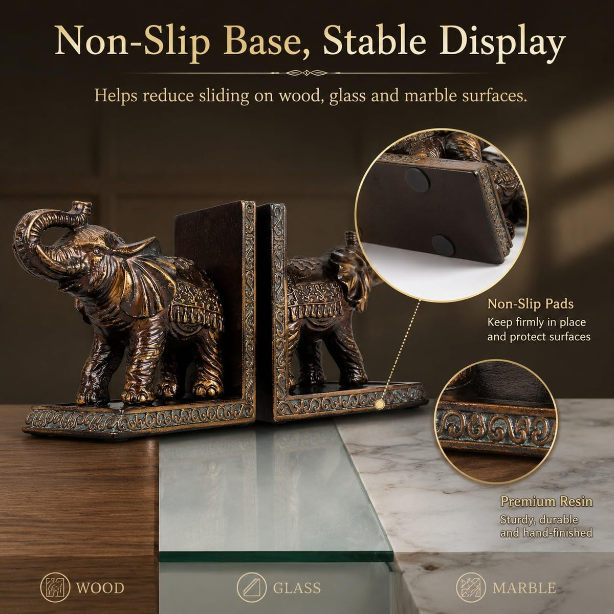 Elephant Bookends for Shelves Vintage Resin Book Ends - AFUXING Official Imagery - 6