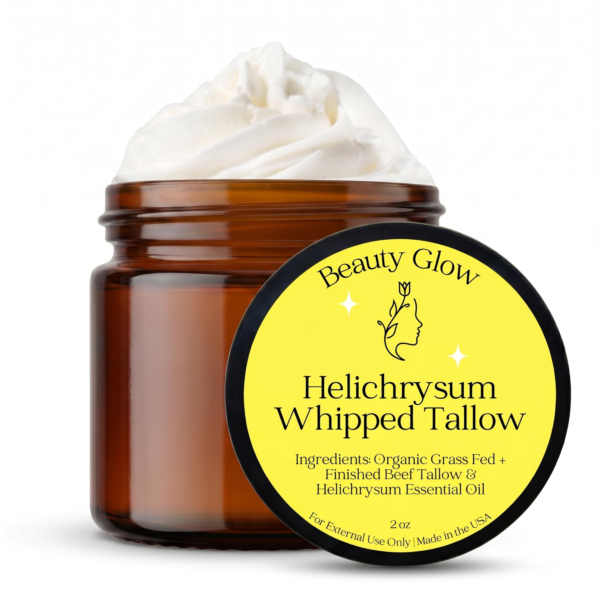 Beauty Glow Helichrysum Gymnocephalum Whipped Beef Tallow Balm Cream for Face & Body Age Defying Hydrating, Skin Healing, Full Body Hydration, Multipurpose Balm 2 Oz
