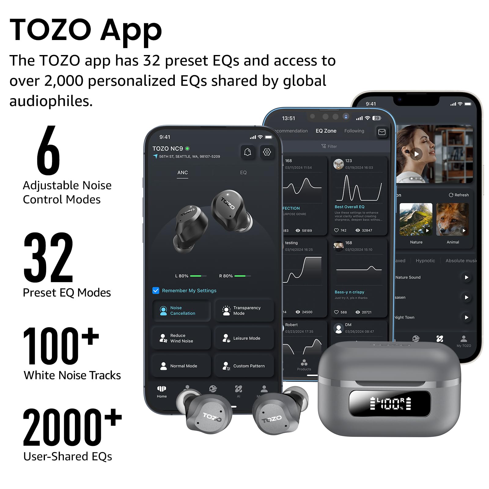 TOZO NC9 Hybrid Active Noise Cancelling Wireless Earbuds, 60H, LE - TOZO Official Product View 6