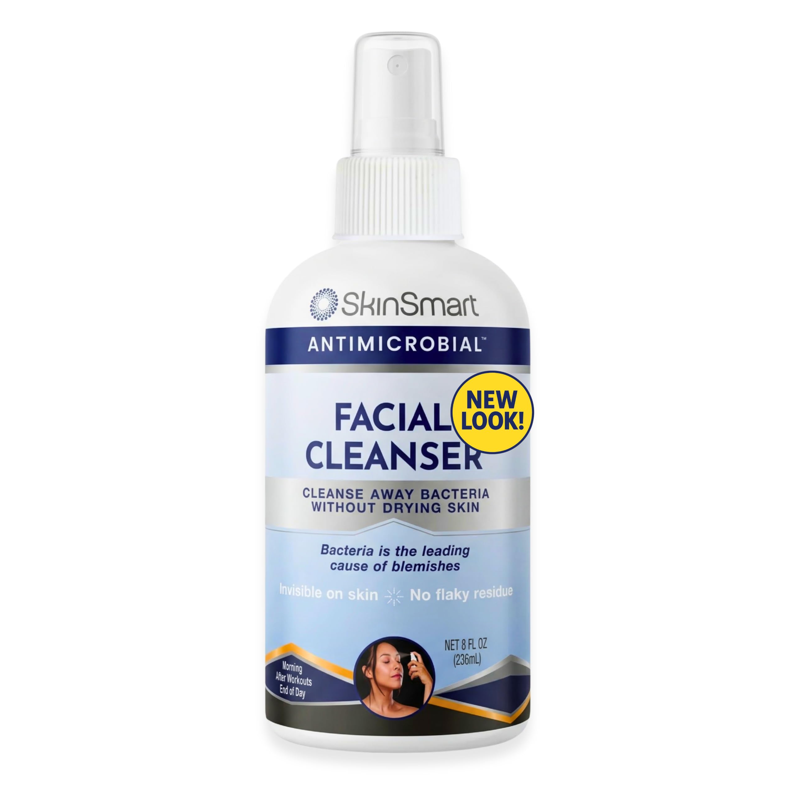 SkinSmart Antimicrobial Facial Cleanser for breakouts in a clear 8 oz bottle, suitable for acne-prone skin.