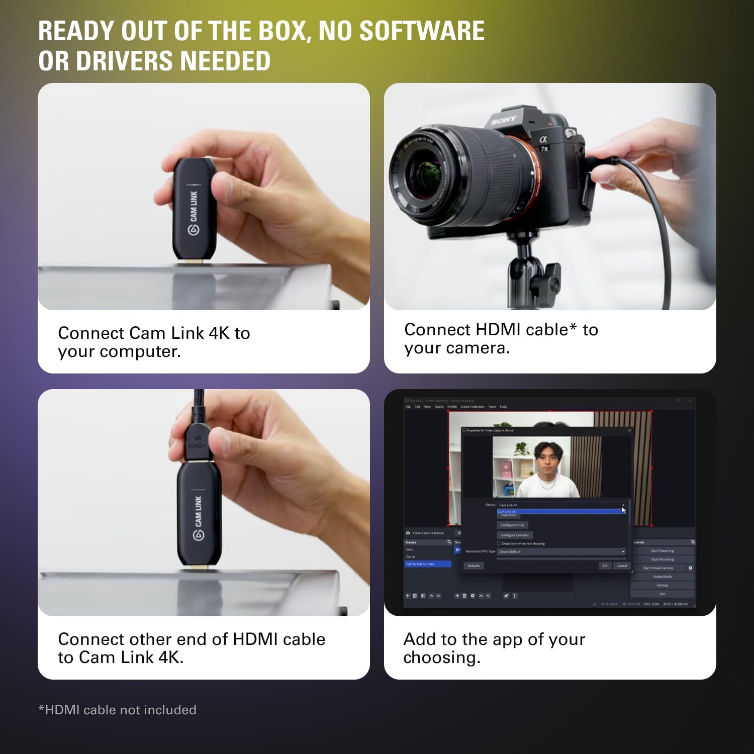 Elgato Cam Link 4K external capture card for DSLR, camcorder, and action cam, used for streaming and webcam setups