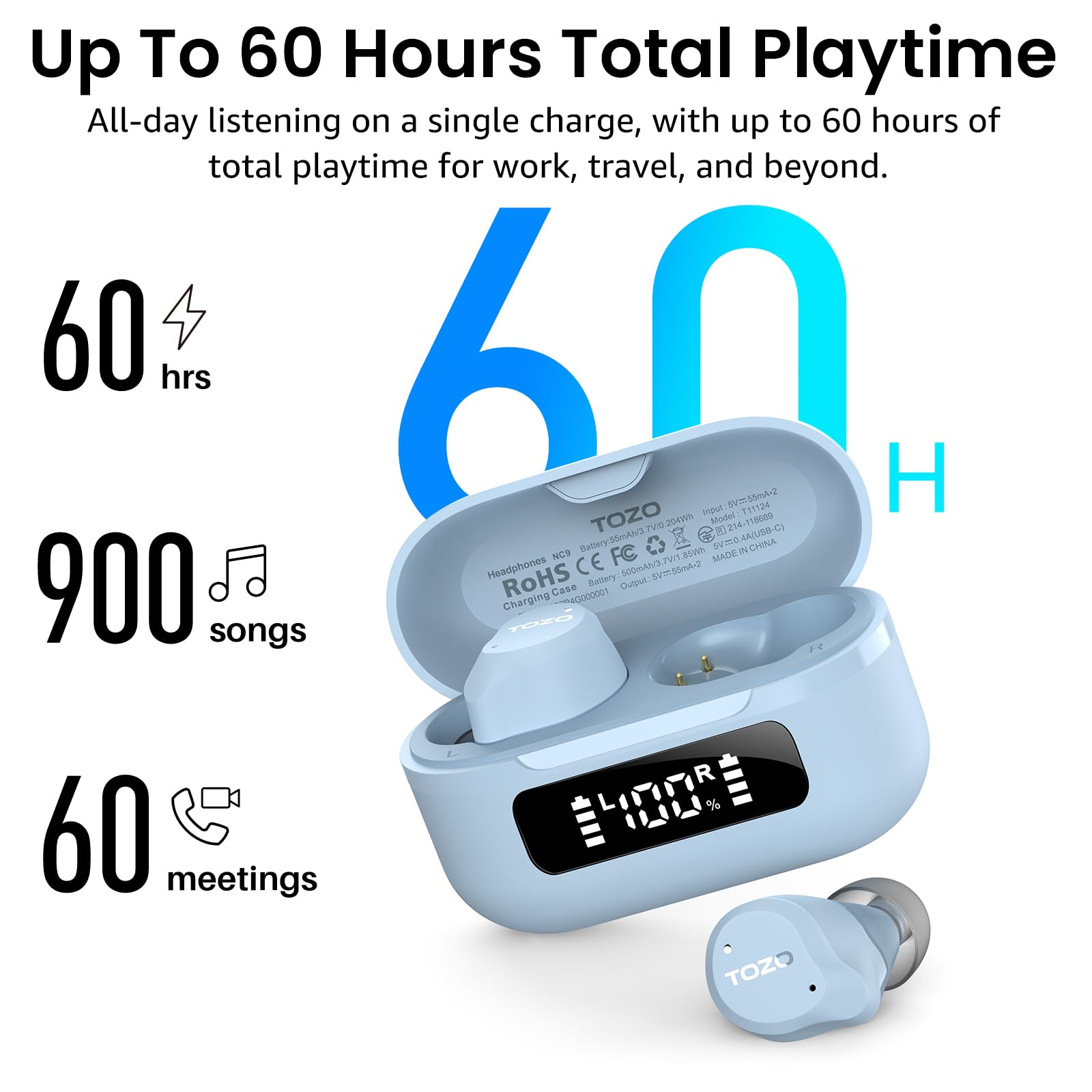 TOZO NC9 Hybrid Active Noise Cancelling Wireless Earbuds, 60H, LE - TOZO Official Product View 4