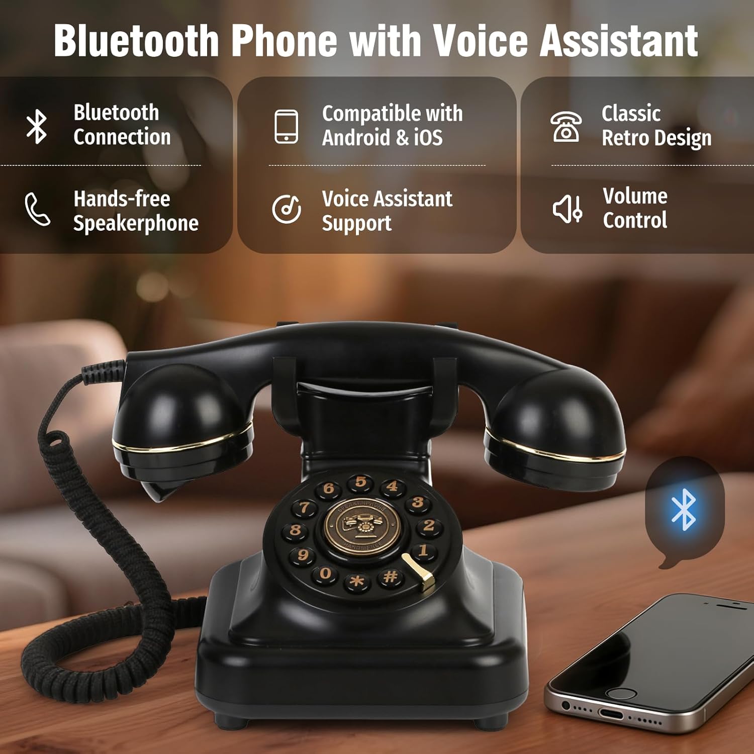Sangyn Bluetooth retro landline phone with voice assistant, featuring a vintage-inspired design and modern wireless connectivity.