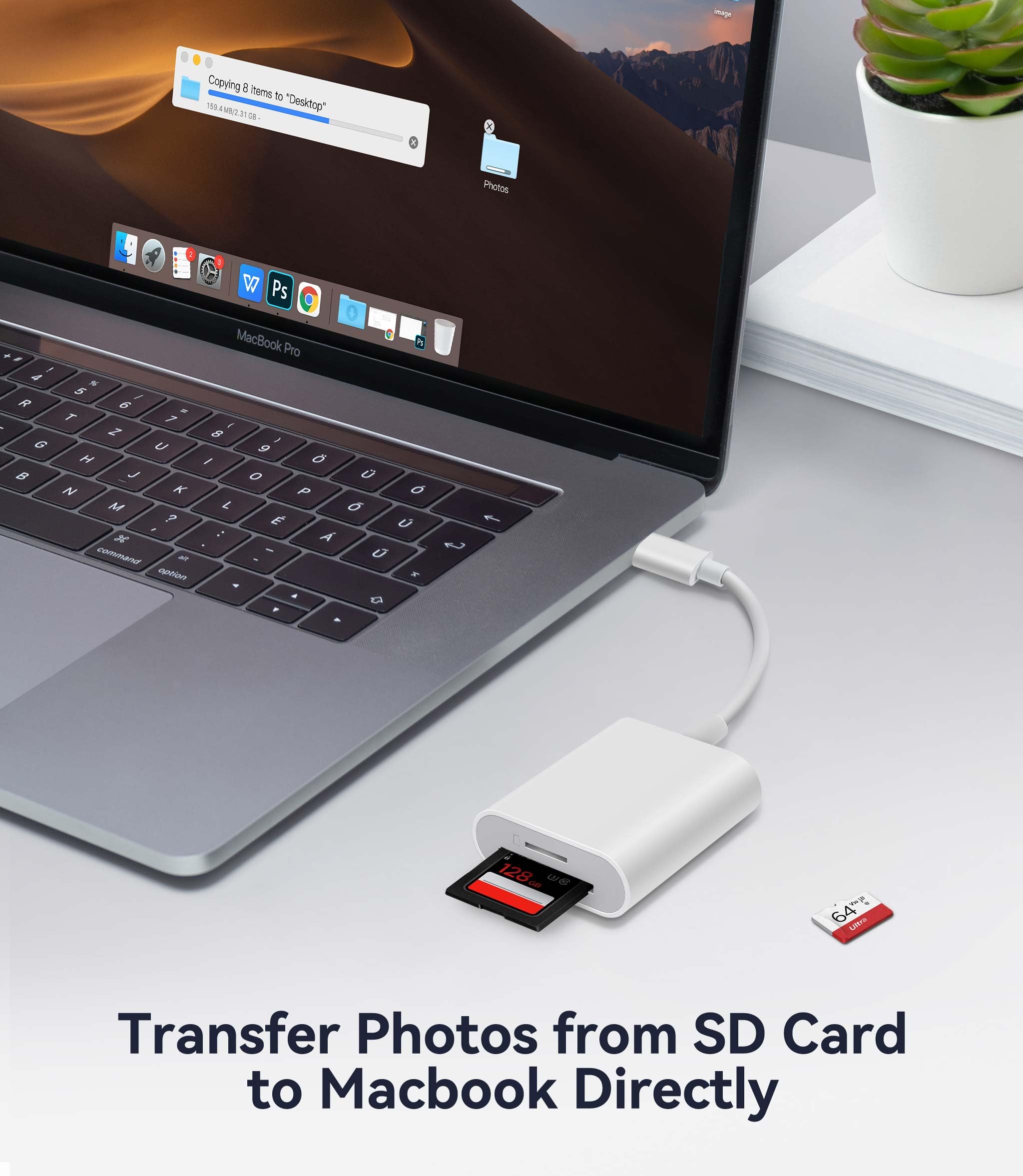 WNXSLOAD USB-C SD and MicroSD card reader with dual slots, compatible with iPhone 15, iPad, MacBook, high-speed data transfer.