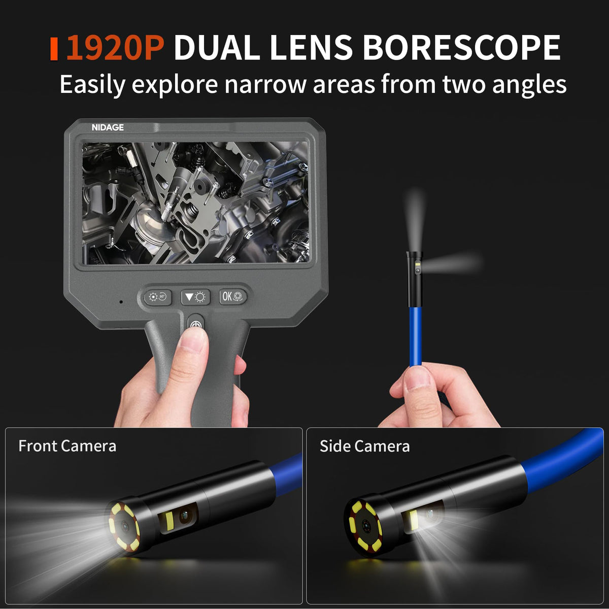 Dual Lens Endoscope Camera with Light 1920P Industrial - NIDAGE Official Imagery - 3
