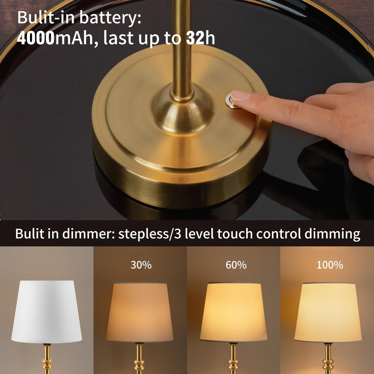 ONEWISH Small Cordless Lamp Dimmable Battery Operated Table - ONEWISH Official Imagery - 4