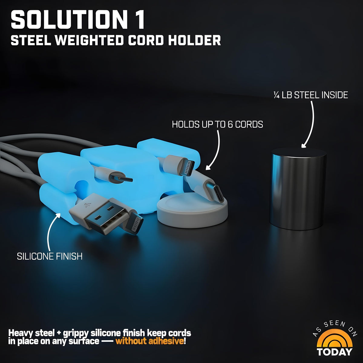 Glowing Silicone Steel Weighted Cable Holder for Nighstand - CordBrick Official Imagery - 3