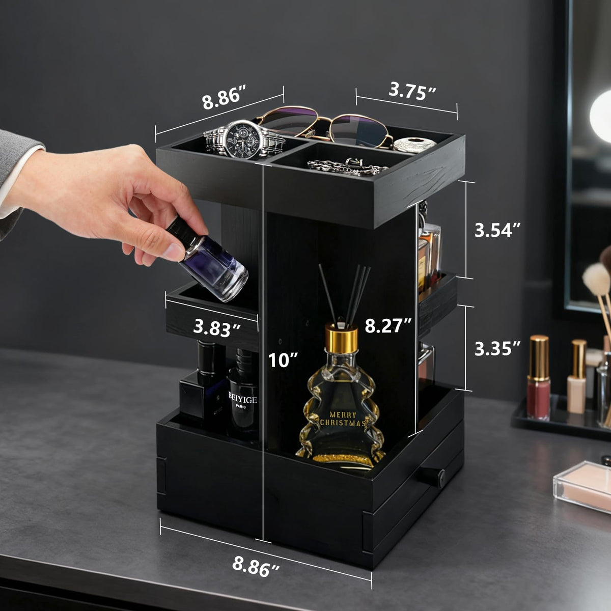 Rotating Cologne Organizer for Men Black Wooden Perfume - VYNOPA Official Imagery - 3