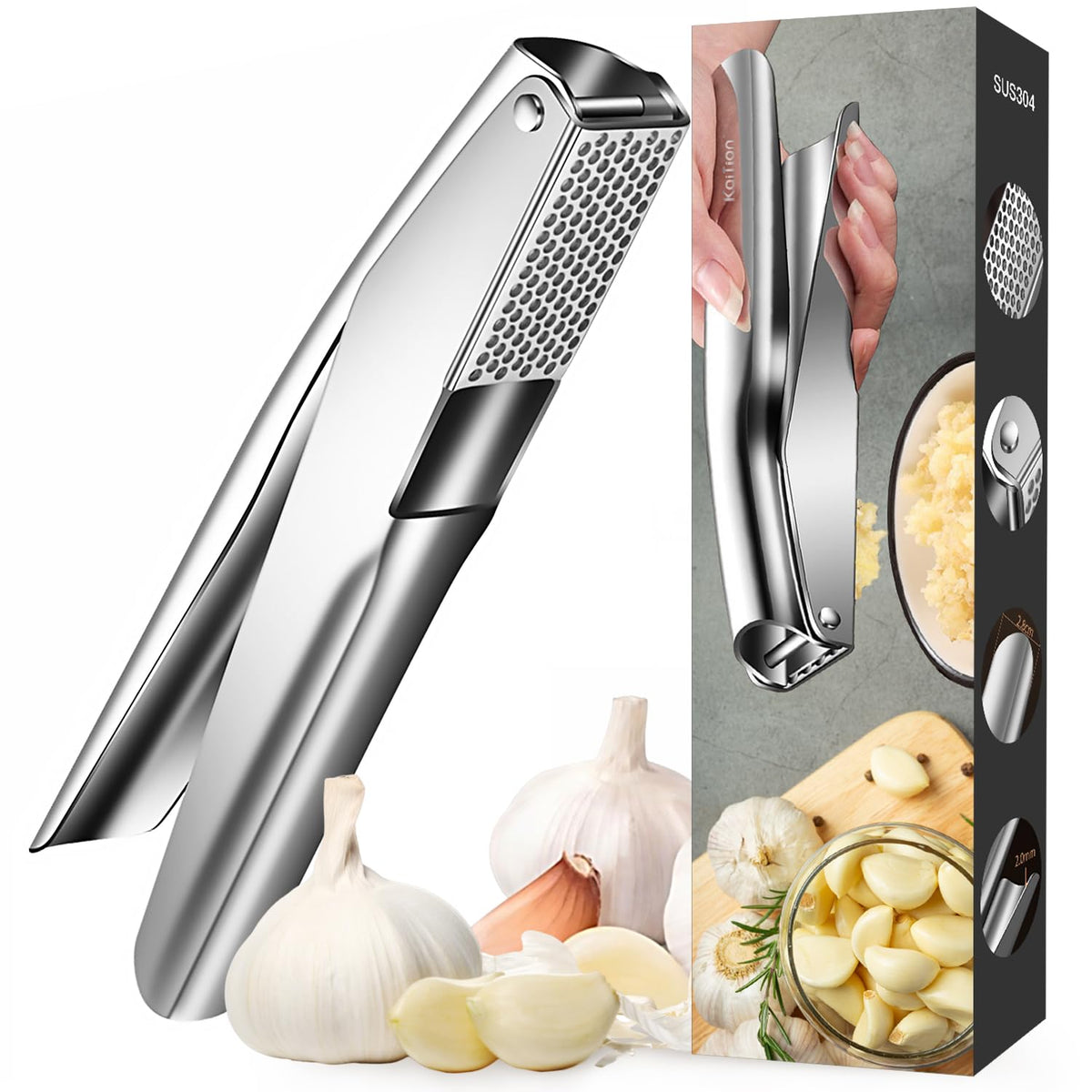 Stainless Steel Garlic Press Garlic Crusher Dishwasher Safe - KAITION Official Imagery - 1