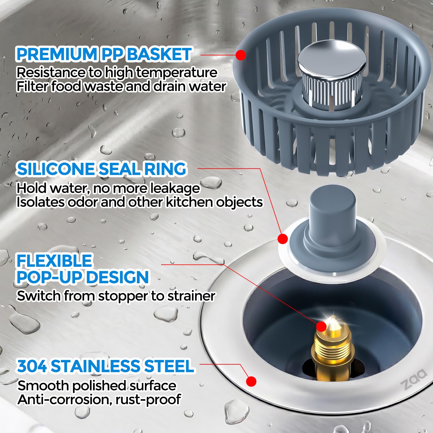 zaa 3 in 1 Kitchen Sink Drain Strainer Stopper Removable Basket P - zaa Official Product View 6
