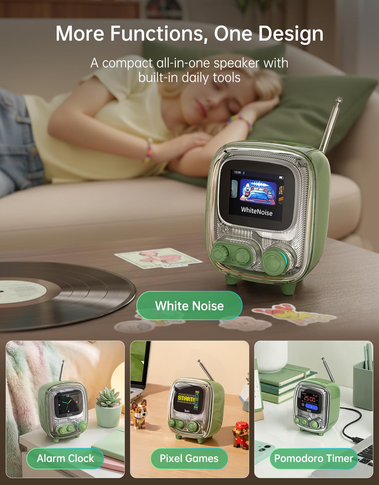 Divoom Tiivoo-2 Retro Bluetooth Speaker, FM Radio, Pixel Art Display, Green - Divoom Official Product View 3