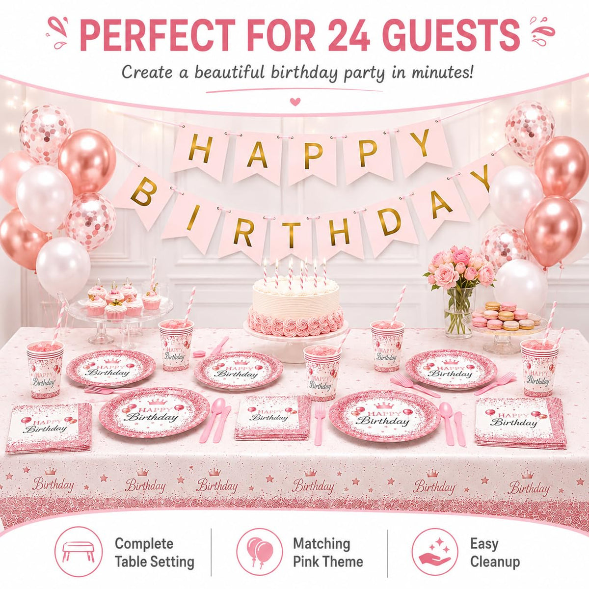 212Pcs Pink Birthday Party Supplies Set Disposable Plates - ZIRICHER Official Imagery - 6