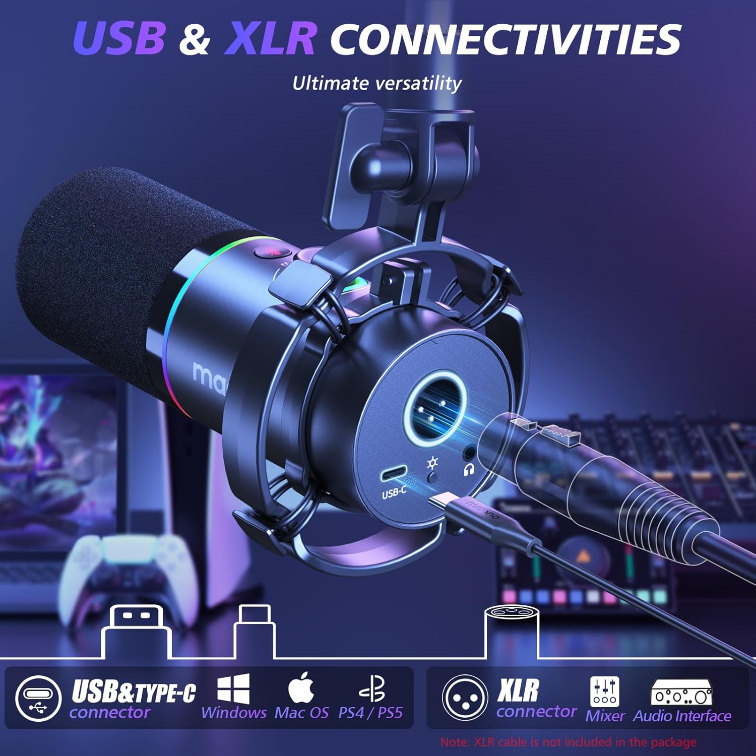 MAONO XLR/USB dynamic microphone kit with RGB lighting, ideal for podcasting and streaming, includes software for audio recording.