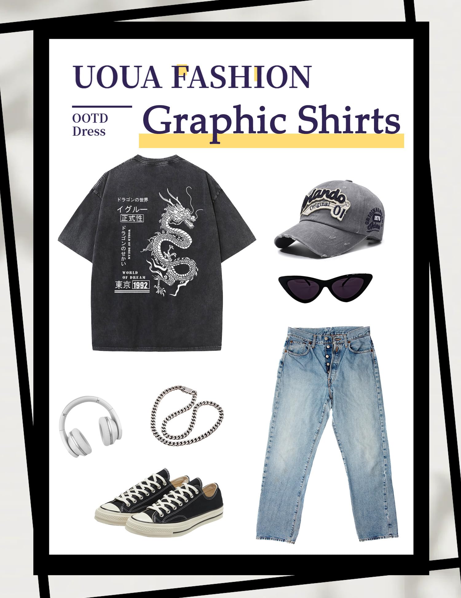 UOUA Men's Graphic Tees Washed Oversized Short Sleeve T-Shirts - UOUA Official Product View 6