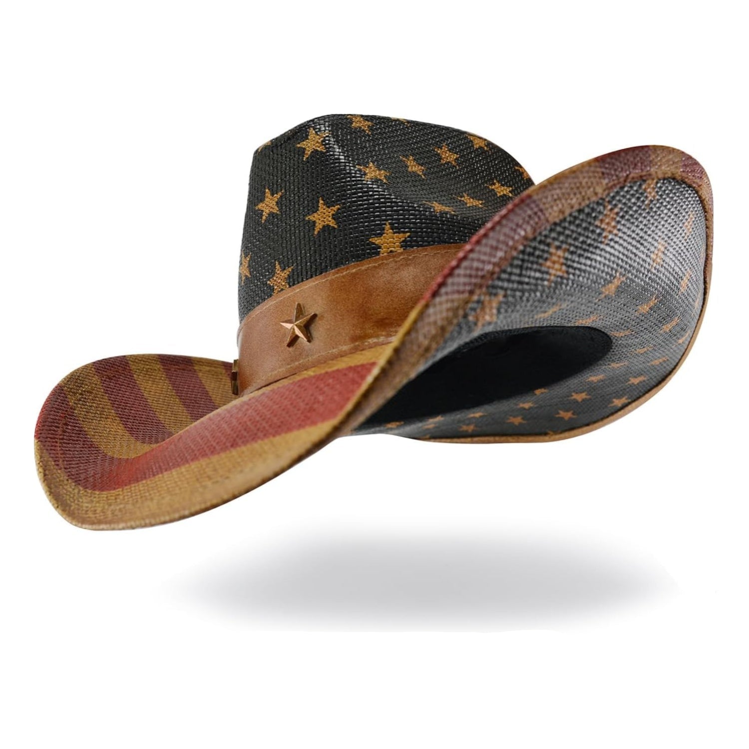 Vintage cowboy hat by FLUFFY SENSE with American flag design, tea-stained finish, shapable brim, and western cowgirl style.
