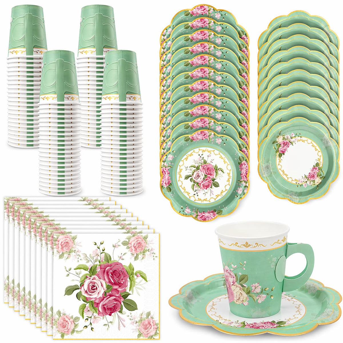 200Pcs Floral Tea Cups and Saucers for Tea Party Supplies - EggSun Official Imagery - 1