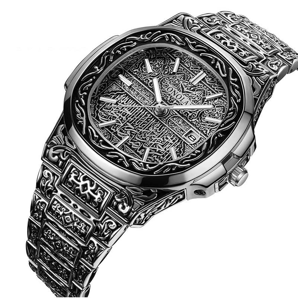 HUNRUY Retro Carved Men's Quartz Watch – Silver