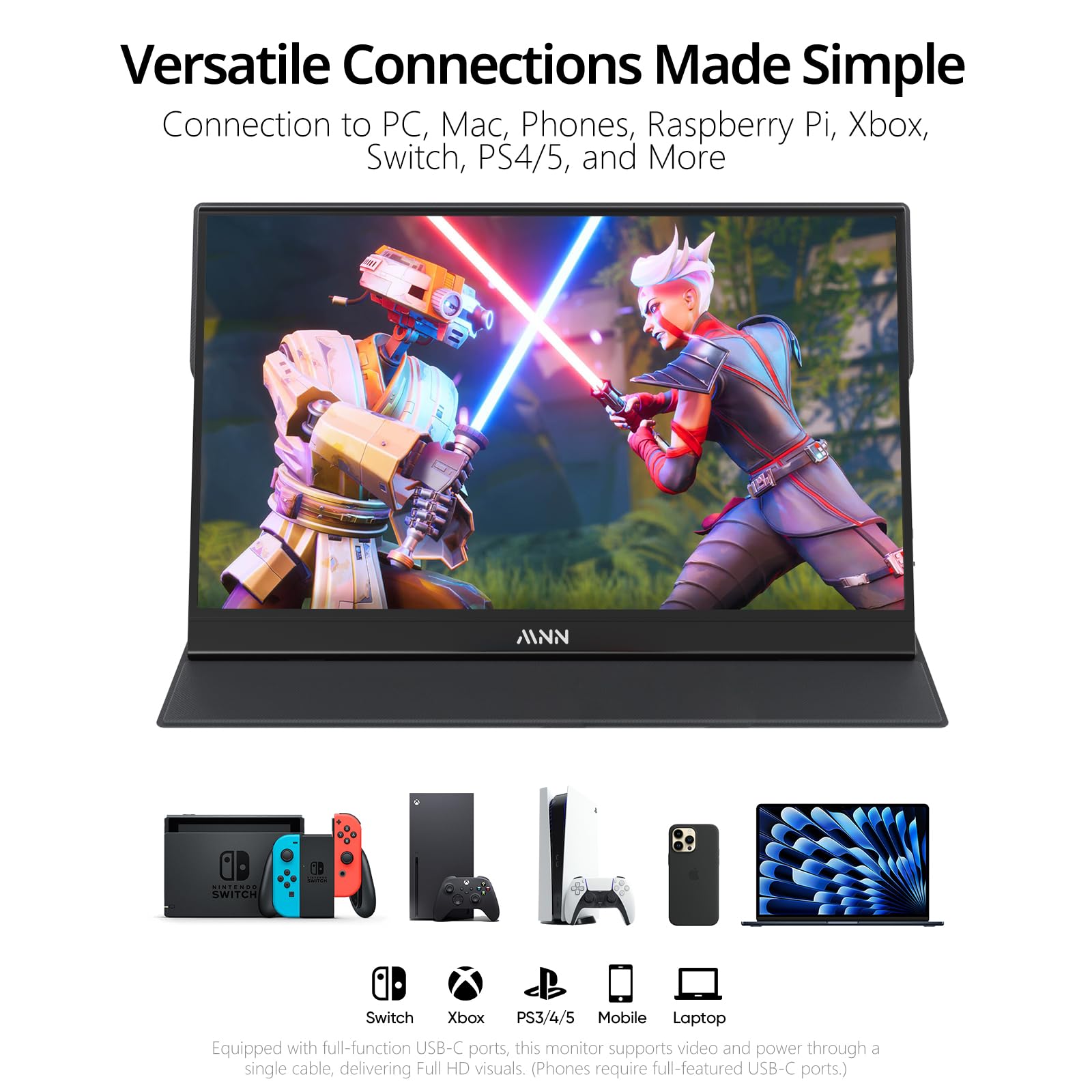MNN 15.6-inch FHD portable monitor with IPS display, USB-C and HDMI ports, HDR for gaming and laptop use